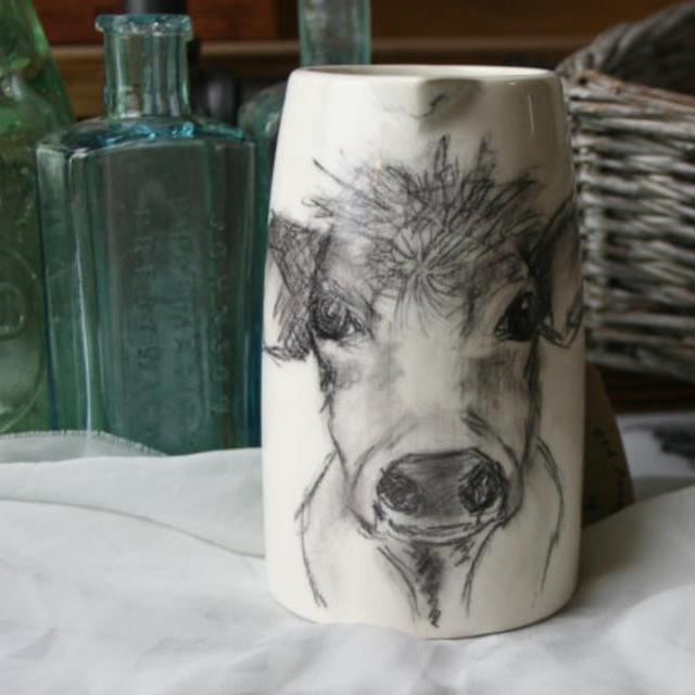 Cow Portrait Sketch Jug, Hand Sketched Ceramic Jug
