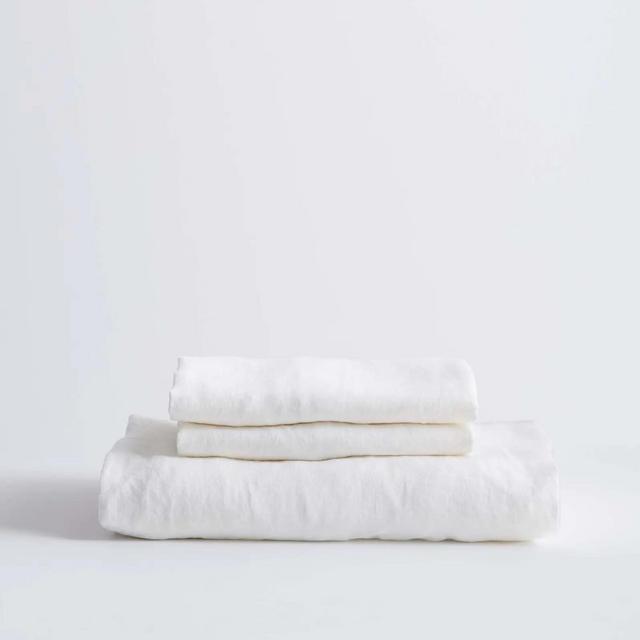 European Linen Fitted Sheet Set, White, Queen