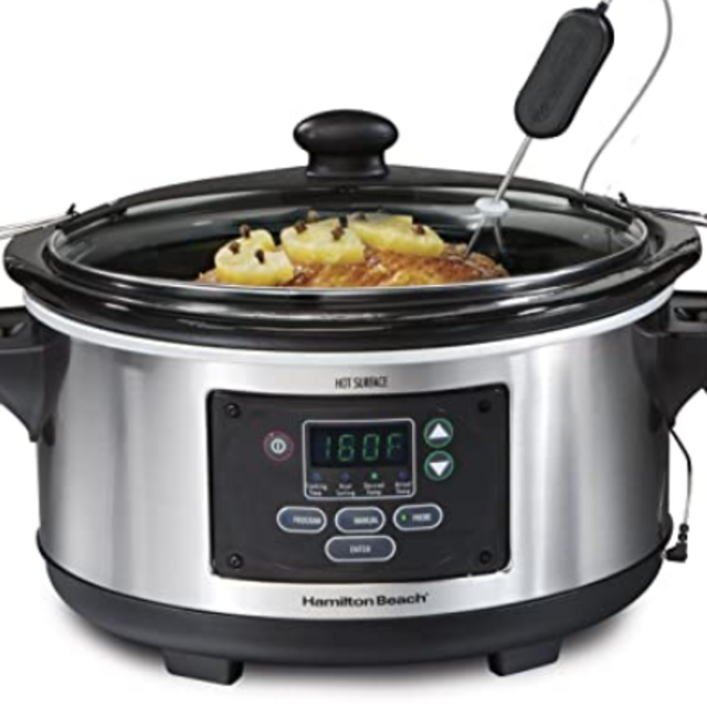 Hamilton Beach Portable 6-Quart Set & Forget Digital Programmable Slow Cooker with Lid Lock, Temperature Probe, Stainless Steel