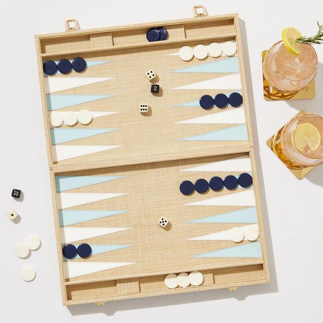 Raffia Backgammon Game Set in Light Blue-Navy