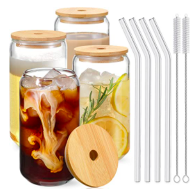 Drinking Glasses with Bamboo Lids and Glass Straw 4pcs Set - 16oz Can Shaped Glass Cups, Beer Glasses, Iced Coffee Glasses, Cute Tumbler Cup, Ideal for Cocktail, Whiskey, Gift - 2 Cleaning Brushes