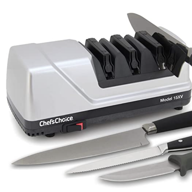 Chef'sChoice Trizor XV EdgeSelect Professional Electric Knife Straight and Serrated Knives Diamond Abrasives Patented Sharpening System, 3-stage, Gray