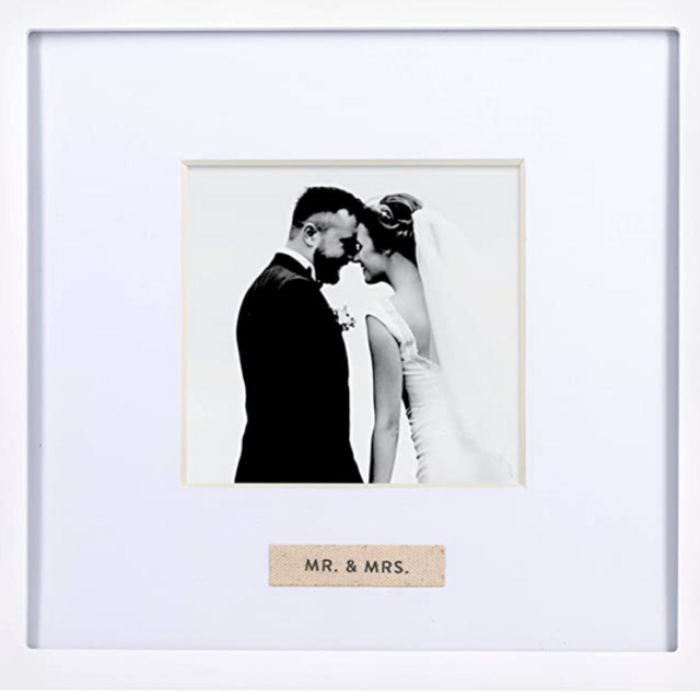 Pearhead Mr. & Mrs. Linen Tag Photo Frame, Wedding Registry Addition, Newlyweds Keepsake, Bridal Shower Gift, White