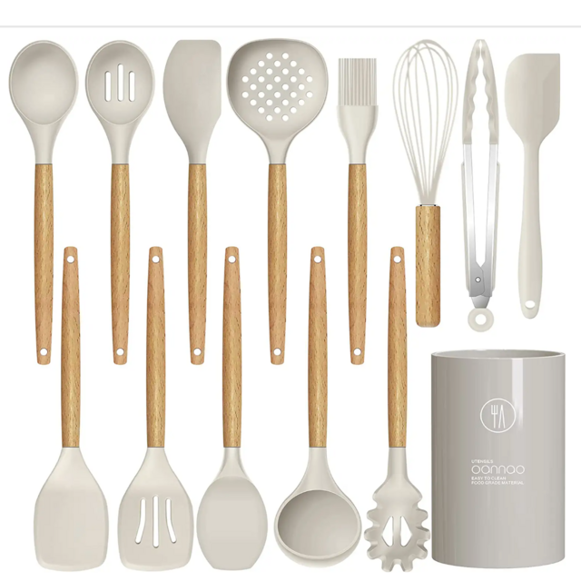 14 Pcs Silicone Cooking Utensils Kitchen Utensil Set - 446°F Heat Resistant,Turner Tongs, Spatula, Spoon, Brush, Whisk, Wooden Handle Kitchen Gadgets with Holder for Nonstick Cookware (BPA Free Khaki)