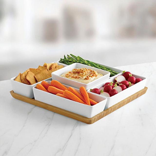 B. Smith 6-Piece Multi Server with Porcelain Bowls and Bamboo Tray Set