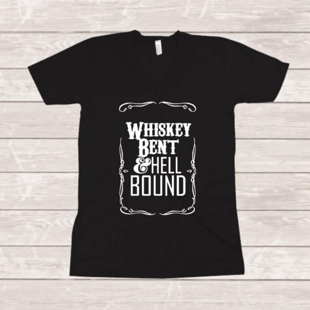 UNISEX FIT - The Original Whiskey Bent & Hell Bound Design Comfy Fun Jack Daniels Graphic Tee Vneck Women's Tee (2 Colors)