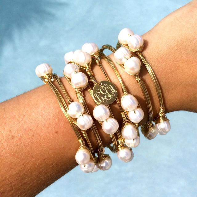 Pretty in Pearls Monogram Charm Wire Wrapped Bangle Bracelet
