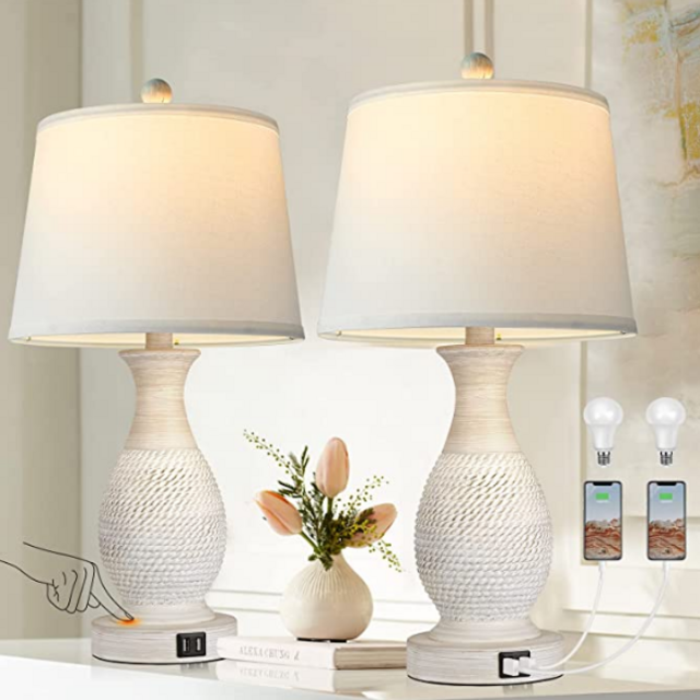 Table Lamps Set of 2, with Touchpad Dimmer and Dual USB Charging Ports, Side Table Lamp with White Fabric Shade (LED Bulbs Included)