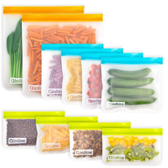 Qinline Reusable Food Storage Bags - 10 Pack BPA FREE Flat Freezer Bags(2 Reusable Gallon Bags + 4 Leakproof Reusable Sandwich Bags + 4 Food Grade Kids Snack Bags)