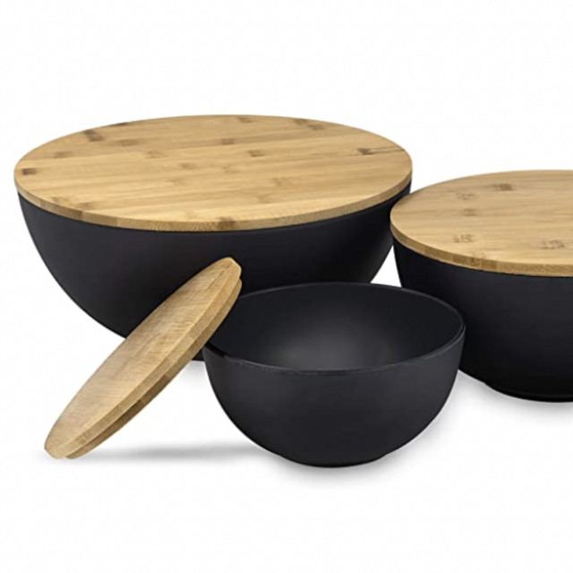 Large Salad Bowl Set of 3 with Wooden Lids