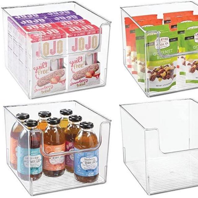 mDesign Plastic Open Front Food Storage Bin for Kitchen Cabinet, Pantry, Shelf, Fridge/Freezer - Organizer for Fruit, Potatoes, Onions, Drinks, Snacks, Pasta - 10" Wide, 4 Pack - Clear