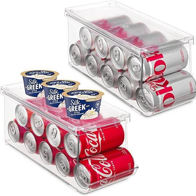 Set of 2 Stackable Refrigerator Organizer Bins Pop Soda Can Dispenser Beverage Holder for Fridge, Freezer, Kitchen, Countertops, Cabinets - Clear Plastic Canned Food Pantry Storage Rack Holds 9 Cans