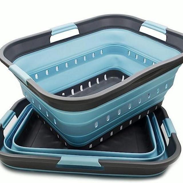 SAMMART 42L (11 gallon) Collapsible Plastic Laundry Basket - Portable Basket - Space Saving Hamper/Basket (2, Grey/Sea Angel)