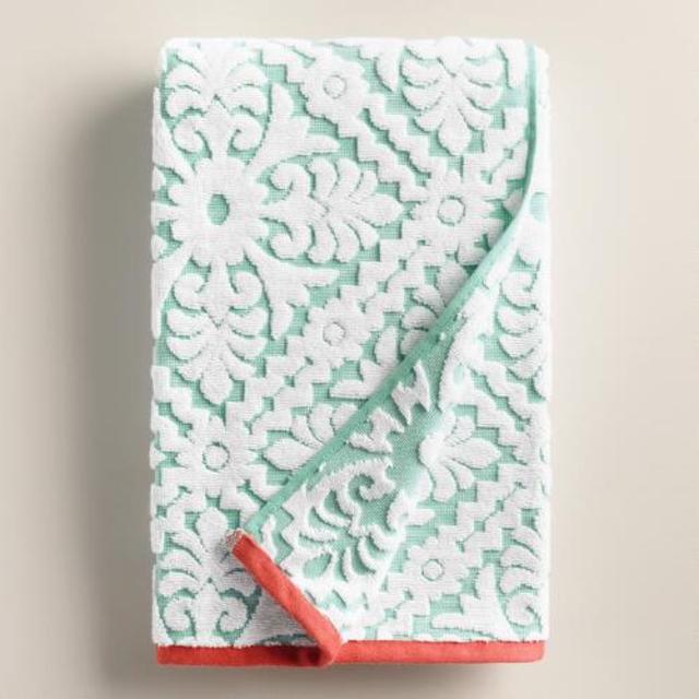 Aqua and Coral Barcelona Tile Sculpted Bath Towel