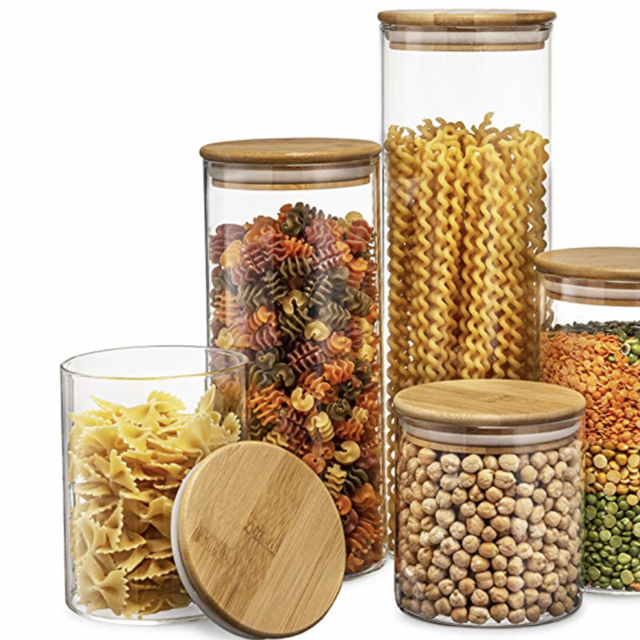 Canister Set of 5, Glass Kitchen Canisters with Airtight Bamboo Lid, Glass Storage Jars for Kitchen, Bathroom and Pantry Organization Ideal for Flour, Sugar, Coffee, Cookie Jar, Candy, Snack and More