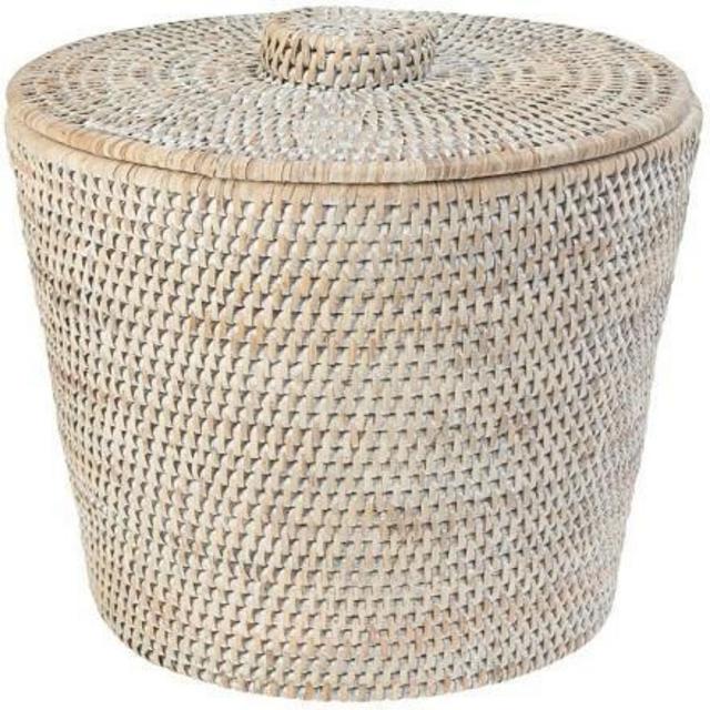 KOUBOO La Jolla Rattan Round Waste Basket with Plastic Insert & Lid, White Wash