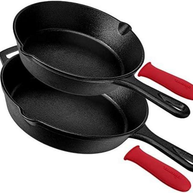 Pre-Seasoned Cast Iron Skillet 2-Piece Set (8-Inch and 10-Inch) Oven Safe Cookware - 2 Heat-Resistant Holders - Indoor and Outdoor Use - Grill, Stovetop, Induction Safe