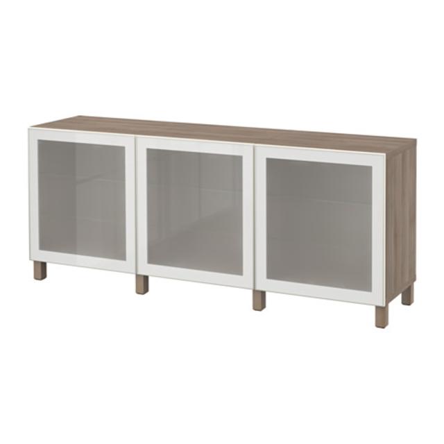 IKEA: BESTÅ Storage combination with doors, walnut effect light gray, Glassvik white frosted glass