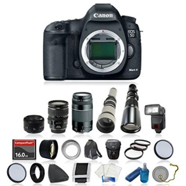 Canon EOS 5D Mark III Digital SLR Camera with 7 Lens Kit including 3 Canon: EF 28-135mm f/3.5-5.6 IS USM & EF 75-300mm f/4.0-5.6 III AF Telephoto & EF 50mm f/1.8 II Autofocus + 16 GB + TTL Flash + essential Accessory Kit