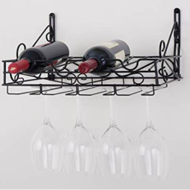Concept Housewares WR-40702 Wall Mount 4 Bottle 8 Glass Wine Rack, Black, 16.5" x 9.75" x 12"
