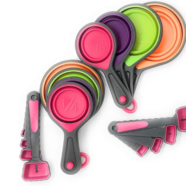 Collapsible Measuring Cups and Measuring Spoons | Portable Food Grade Silicone Measurement Cup Set for Liquid & Dry Food | Baking & Cooking | Kitchen Utensils | Dog Food & Camping Measuring Cup 2 Sets