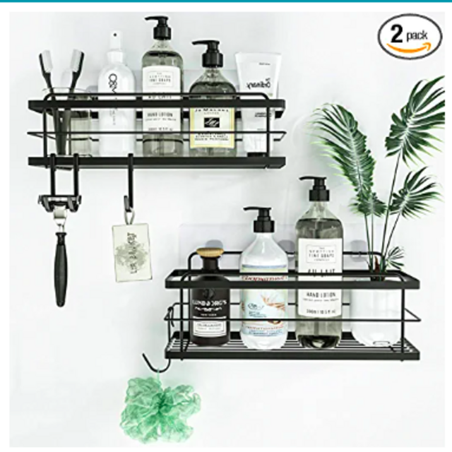 KINCMAX Shower Caddy Basket Shelf Pack of 2 - Adhesive Drill-Free Kitchen or Bathroom Organizer - Black Shower Storage Shelves for Inside Shower w/ Hooks for Accessories