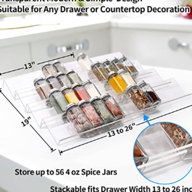 Clear Acrylic Spice Drawer Organizer, 4 Tier- 2 Set Expandable From 13" to 26" Seasoning Jars Drawers Insert, Kitchen Spice Rack Tray for Drawer/Countertop (Jars not included)