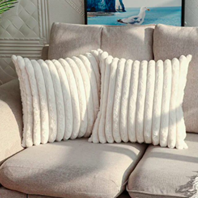 DEELAND Pack of 2 Faux Fur Plush Decorative Throw Pillow Covers Fuzzy Striped Soft Pillowcase Cushion Covers for Sofa Couch Bedroom 22x22 inch