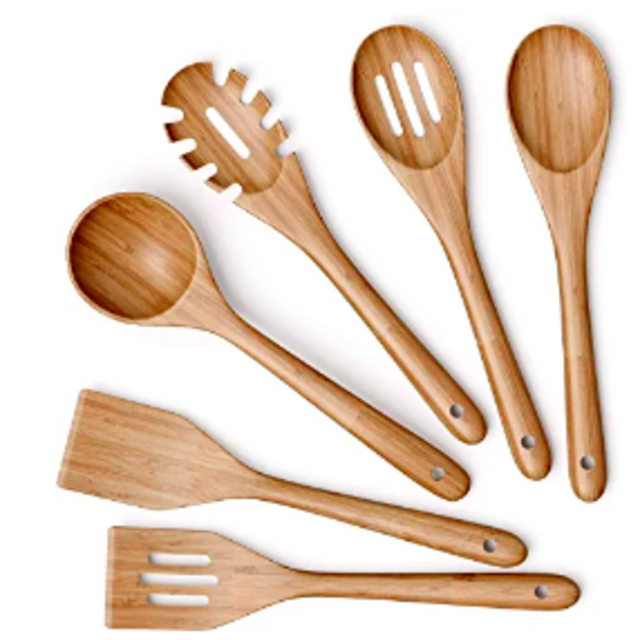 Wooden Kitchen Utensils Set - 6 Piece Non-Stick Bamboo Wooden Utensils for Cooking - Easy to Clean Reusable Wooden Spoons for Cooking, Spatula, Ladle, Turner & Pasta Server