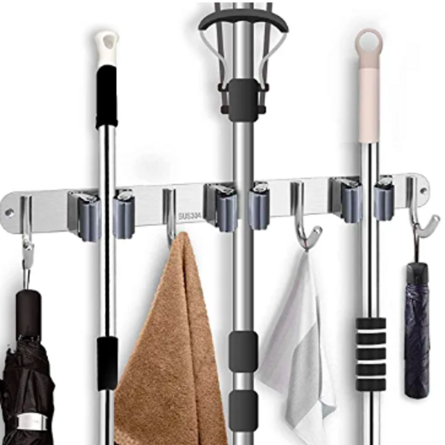 Broom Mop Holder, Wall Mounted Heavy Duty Stainless Steel Storage Rack Organization Tools, Kitchen Garden Garage Or Bathroom Organization and Storage (3 Clip 4 Hook)