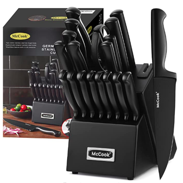 McCook® MC69C Premium Black Knife Sets,20 Pieces German Stainless Steel Kitchen Knives Block Set with Built-in Sharpener
