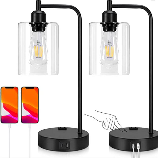 Yarra-Decor Industrial Bedside Table Lamp Set of 2 3-Way Dimmable Lamps for Bedroom Modern USB Nightstand Lamp with Glass Shade Reading Table Lamps for Dorm, Office (LED Bulb Included)