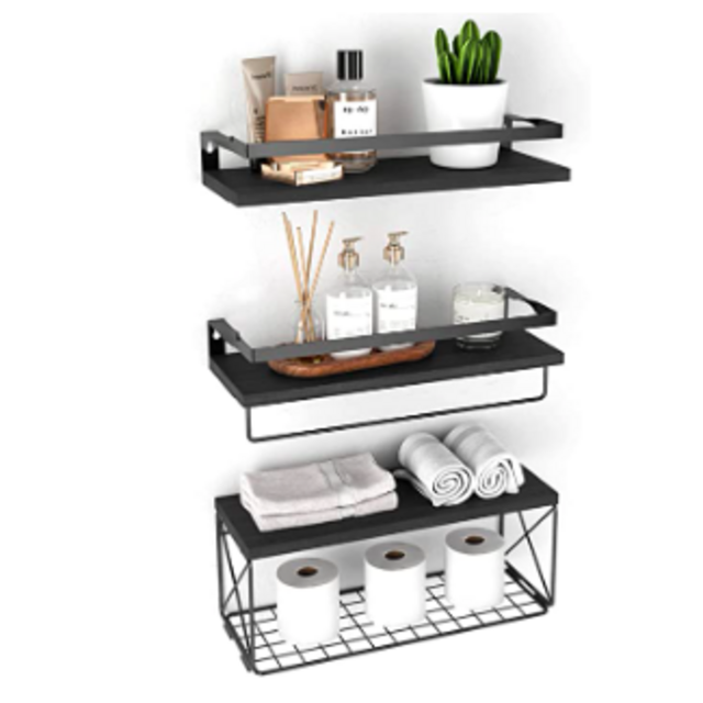 Hoiicco Floating Shelves with Wire Storage Basket, Rustic Bathroom Shelves Over Toilet with Protective Metal Guardrail, Wall Shelves for Bedroom, Living Room, Kitchen and Washroom Toilet Paper