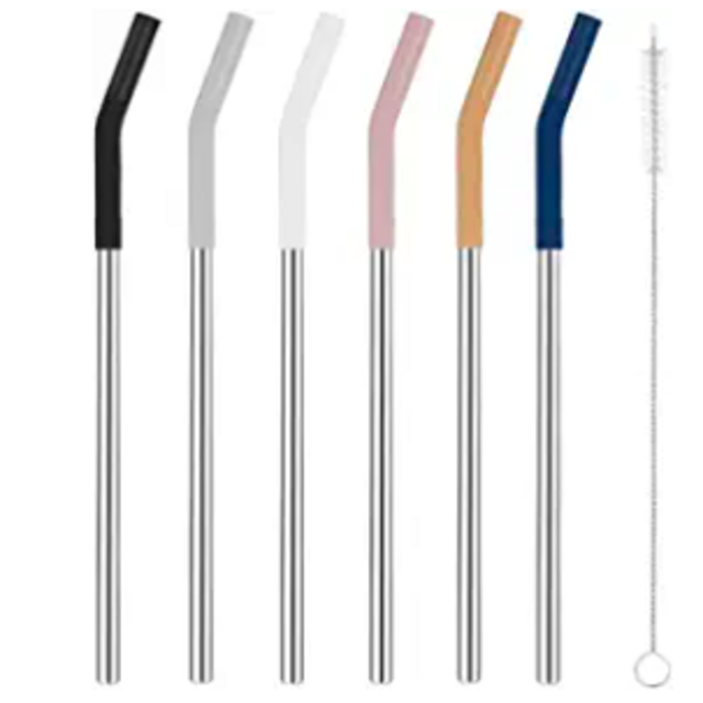 Tronco Set of 6 Stainless Steel Reusable Metal Straws with Silicone Flex Tips Elbows Cover, Metal Drinking Straws for Tronco Tumbler , 6 Steel Straws,6 Silicone Tips,1 Straw Cleaning Brush