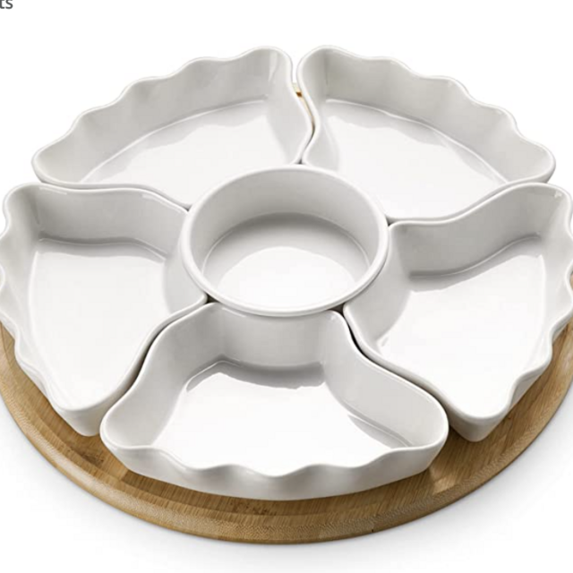DOWAN 12 Inches Lazy Susan Appetizer Serving Tray, Divided Serving Platters with Wood Holder, Removable Serving Dishes for Chips and Dip, Condiment, Veggies, Candy and Snacks, 7 Pieces, White