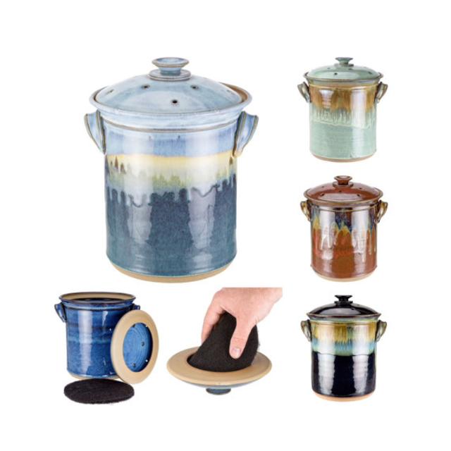 Hand Thrown Pottery Compost Jar with Filter Holding Ventilated Lid your choice of glaze. Made to order-->> up to 8 weeks