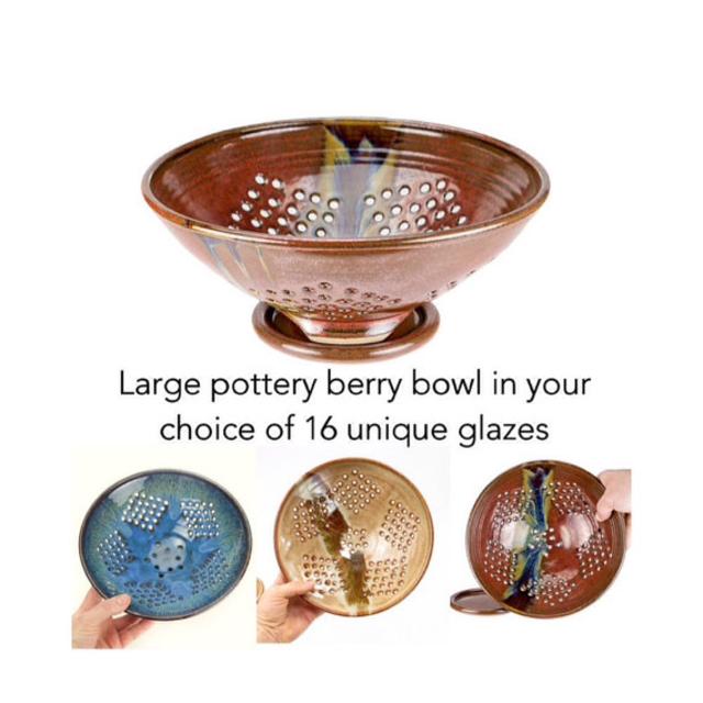 Large pottery berry bowl in your choice of glaze. Wheel thrown berry bowl with plate / colander / strainer / MADE TO ORDER (6 weeks)