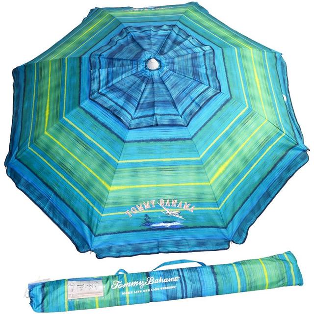 Tommy Bahama 2016 Sand Anchor 7 feet Beach Umbrella with Tilt and Telescoping Pole (Green/Blue Stripe)