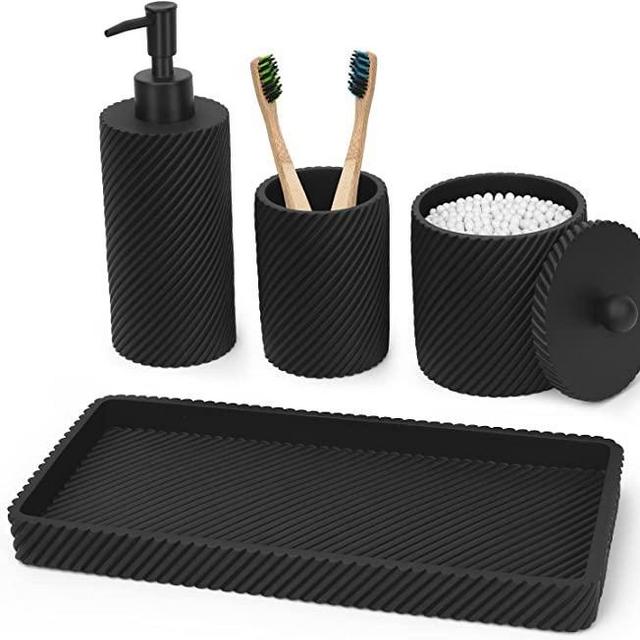 Bathroom Accessories Set 4Pcs-Lotion Soap Dispenser,Toothbrush Holder,Qtip Holder Dispenser,Vanity Tray for Decor Bathroom Countertop,Vanity Organizer-Matte Black