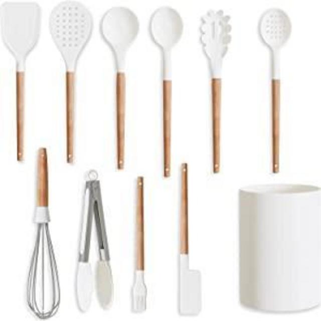 Silicone Kitchen Utensils Set | White Kitchen Utensils with Holder (11 PC) - Non Stick Kitchen Accesories for Cooking - White Kitchen Set with Wooden Handle by Five14