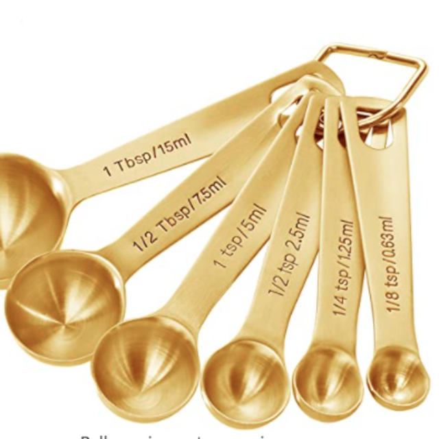 Homestia Stainless Steel Gold Measuring Spoons Set of 6 Pcs: 1/8 tsp, 1/4 tsp, 1 tsp, 1/2 tbsp, 1 tbsp Heavy Duty for Cooking and Baking