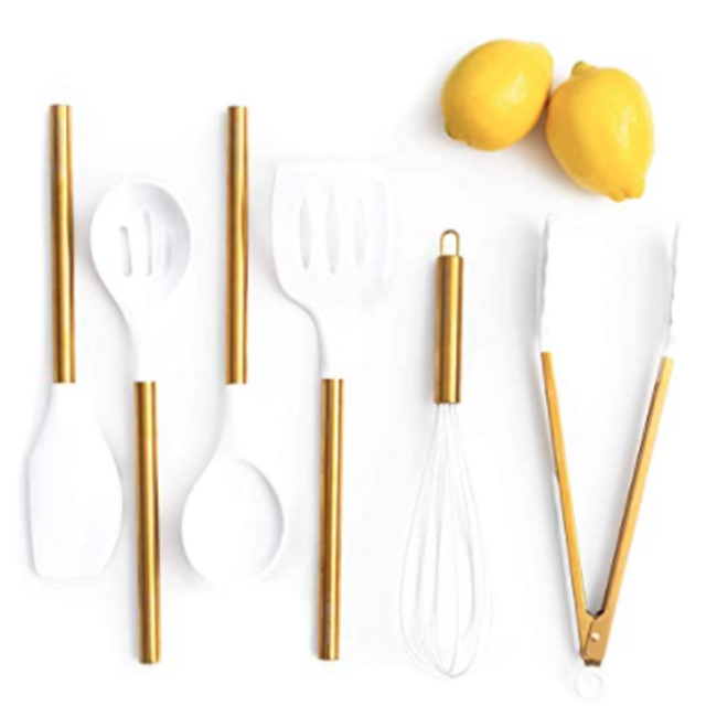 White Silicone and Gold Cooking Utensils for Modern Cooking and Serving, Stainless Steel Gold Serving Utensils - Spatulas for Non Stick Cookware