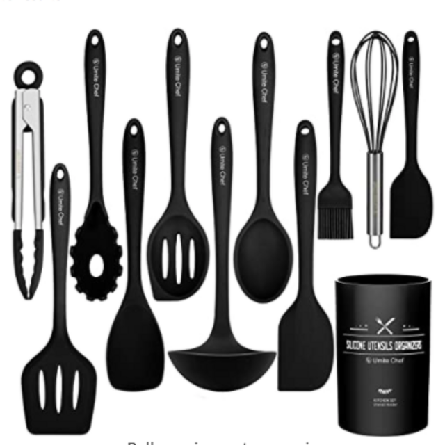 Kitchen Utensil Set - 12 Cooking Utensils Set- Colorful Silicone Kitchen Utensils - Nonstick Cookware with Spatula Set - Kitchen Tools Kitchen Gadgets with Utensil Crock by Umite Chef (Black)