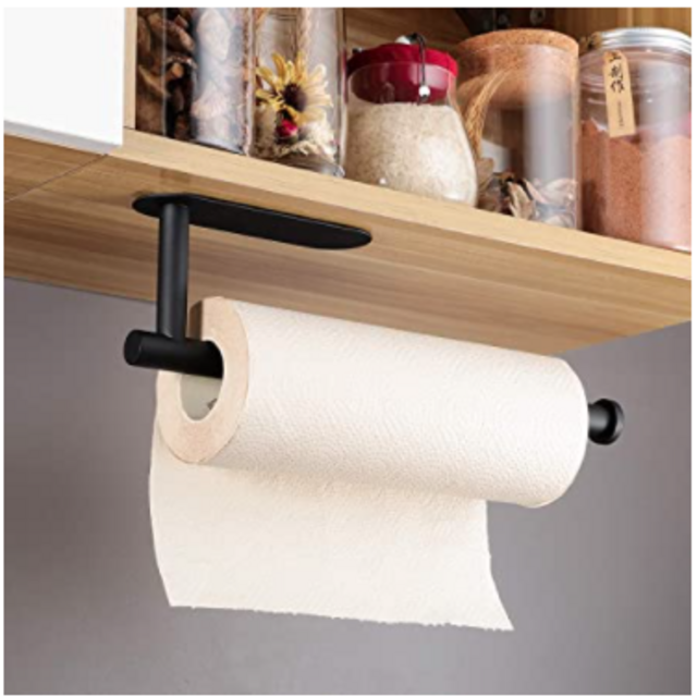 SUNTECH Paper Towel Holder Self Adhesive - Under Cabinet Mount Paper Towel Holder Stick on Wall for Kitchen Roll Paper, Stainless Steel Matte Black