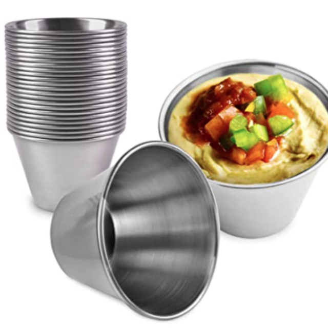 [24 Pack] 2.5 oz Stainless Steel Sauce Cups - Individual Round Condiments Ramekins, Commercial Grade Safe/Portion Dipping Sauce Kitchen Set