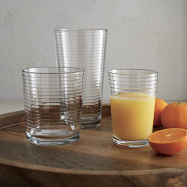 Set of 16 Heavy Base Ribbed Durable Drinking Glasses Includes 8 Cooler Glasses (17oz) and 8 Rocks Glasses (13oz), Clear Glass Cups - Elegant Glassware Set