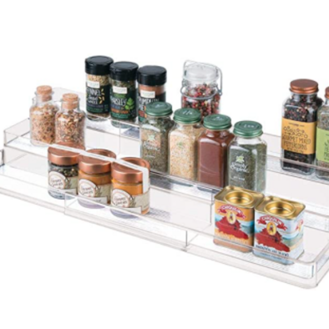 mDesign Large Plastic Adjustable, Expandable Kitchen Cabinet, Pantry, Step Shelf Organizer/Spice Rack with 3 Tiered Levels of Storage for Spice Bottles, Jars, Seasonings, Baking Supplies - Clear