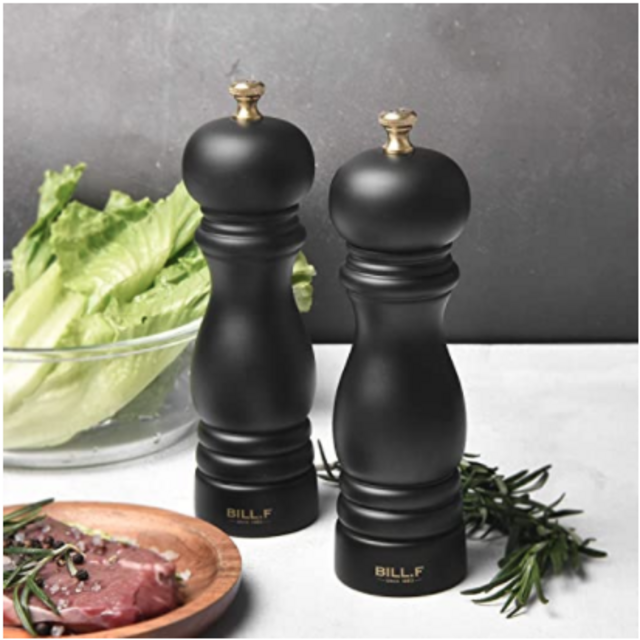 BILL.F Wood Salt and Pepper Mill Set of 2, Pepper Grinders, Salt Shakers with Adjustable Ceramic Rotor- 7 Inch