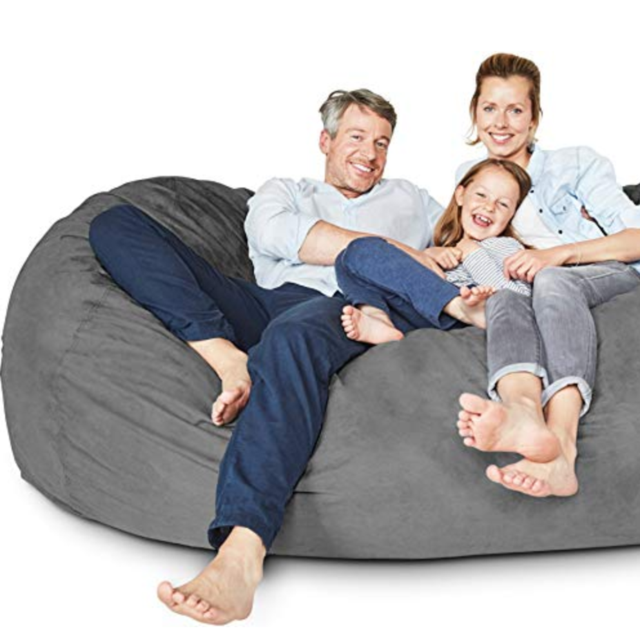 Lumaland Luxury 7-Foot Bean Bag Chair with Microsuede Cover Dark Grey, Machine Washable Big Size Sofa and Giant Lounger Furniture for Kids, Teens and Adults