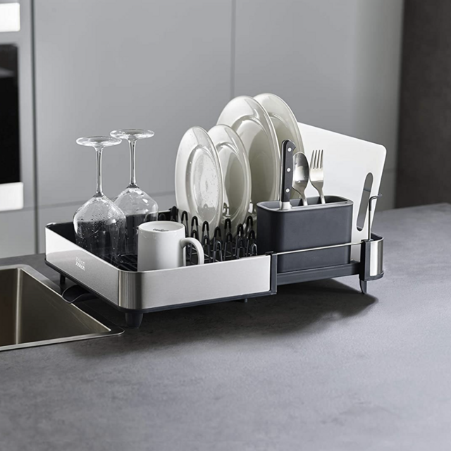 Joseph Joseph Stainless-Steel Extendable Dual Part Dish Rack Non-Scratch and Movable Cutlery Drainer and Drainage Spout, One-size, Gray